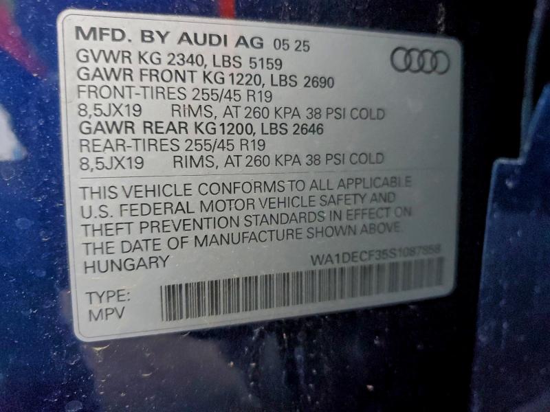 Aukcja sprzedaży 2025 Audi Q3, vin: WA1DECF35S1087858, numer aukcji: 95554415