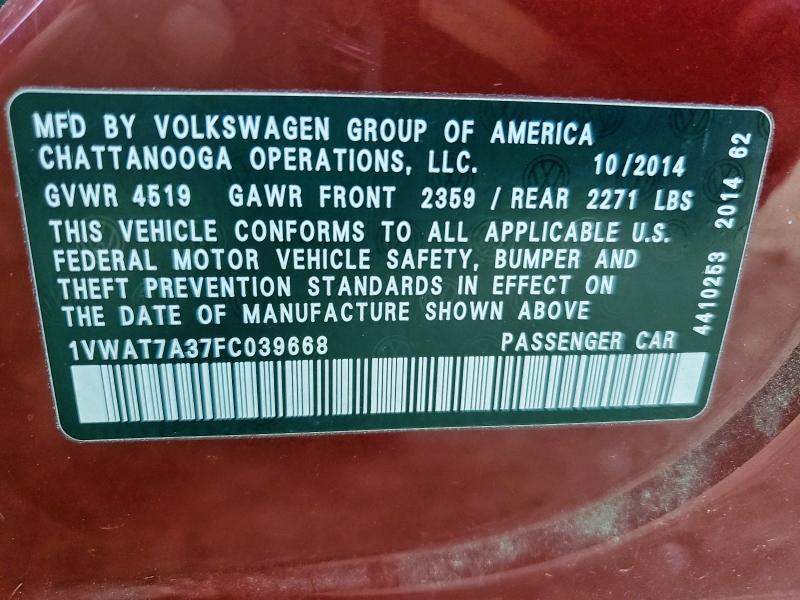 2015 Volkswagen Passat მანქანა იყიდება აუქციონზე, vin: 1VWAT7A37FC039668, აუქციონის ნომერი: 97639615