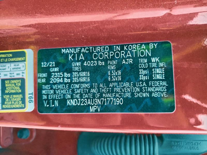 97327705 :رقم المزاد ، KNDJ23AU3N7177190 vin ، 2022 Kia Soul مزاد بيع