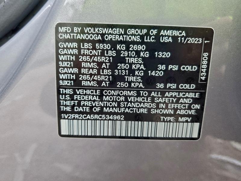 95753195 :رقم المزاد ، 1V2FR2CA5RC534962 vin ، 2024 Volkswagen Atlas مزاد بيع