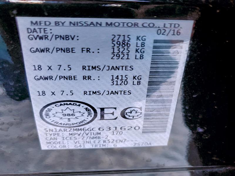 95186775 :رقم المزاد ، 5N1AR2MM6GC631620 vin ، 2016 Nissan Pathfinder مزاد بيع