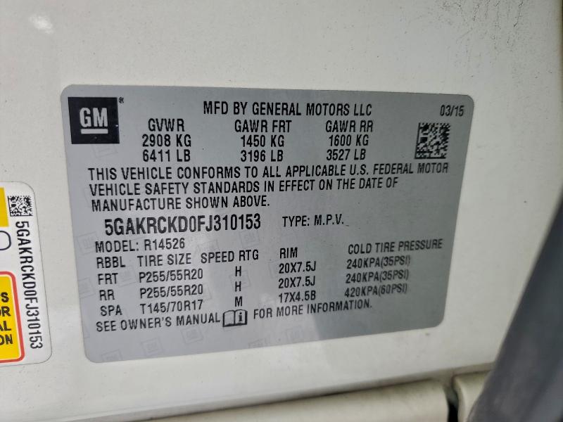 2015 Buick Enclave მანქანა იყიდება აუქციონზე, vin: 5GAKRCKD0FJ310153, აუქციონის ნომერი: 94751265