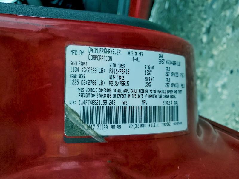 2001 Jeep Cherokee მანქანა იყიდება აუქციონზე, vin: 1J4FT48S21L581249, აუქციონის ნომერი: 97504375