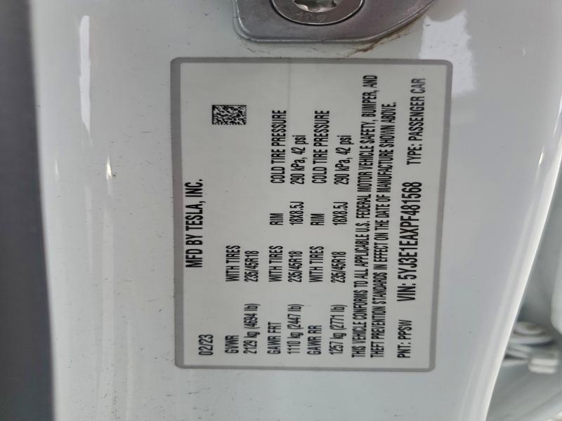 2023 Tesla Model 3 მანქანა იყიდება აუქციონზე, vin: 5YJ3E1EAXPF481568, აუქციონის ნომერი: 95176195