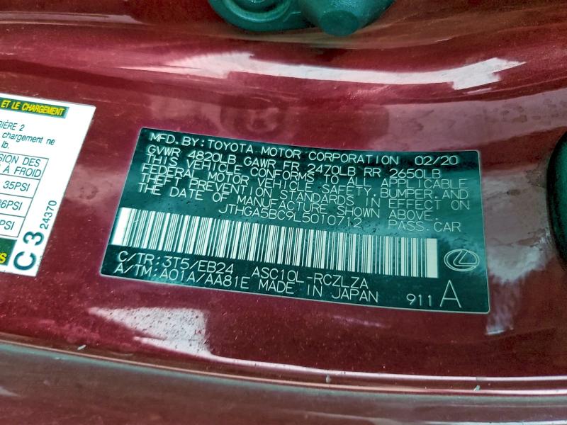 Aukcja sprzedaży 2020 Lexus Rc, vin: JTHGA5BC9L5010712, numer aukcji: 96752835
