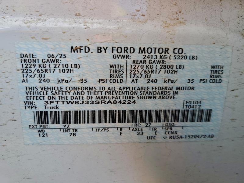 Aukcja sprzedaży 2025 Ford Maverick, vin: 3FTTW8J33SRA84224, numer aukcji: 97163885