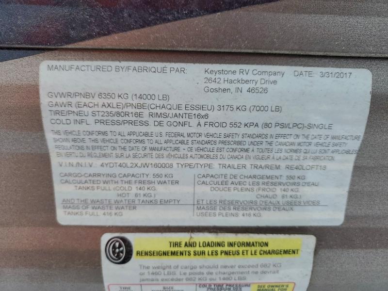 Продажа на аукционе авто 2018 Keystone Residence, vin: 4YDT40L2XJW160008, номер лота: 95525595