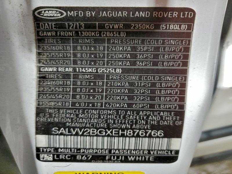 Продажа на аукционе авто 2014 Land Rover Range Rove, vin: SALVV2BGXEH876766, номер лота: 95222185