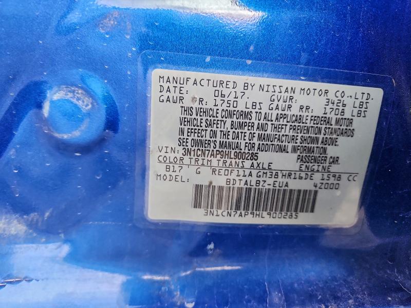 2017 Nissan Versa მანქანა იყიდება აუქციონზე, vin: 3N1CN7AP9HL900285, აუქციონის ნომერი: 98212615