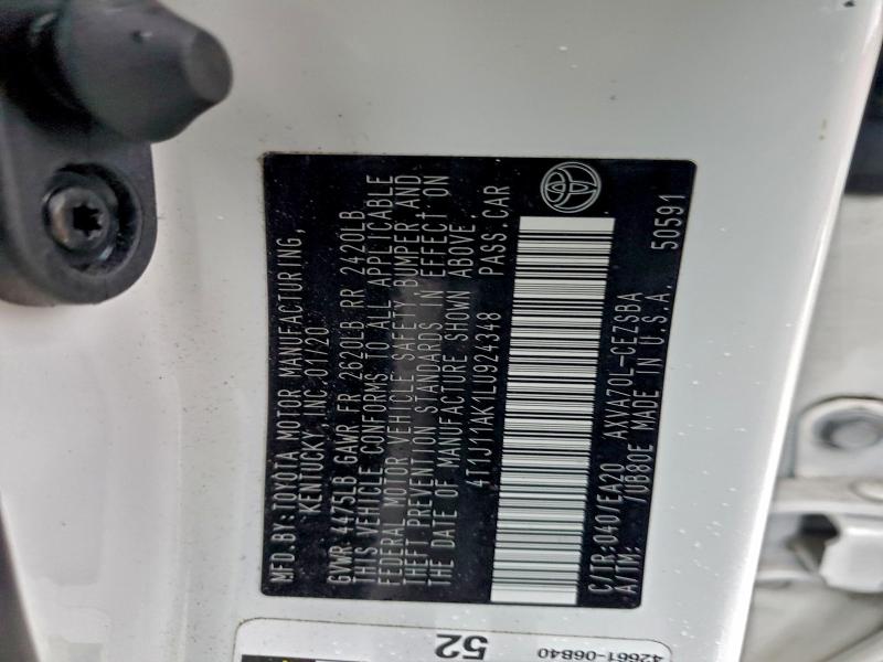 2020 Toyota Camry მანქანა იყიდება აუქციონზე, vin: 4T1J11AK1LU924348, აუქციონის ნომერი: 97626875