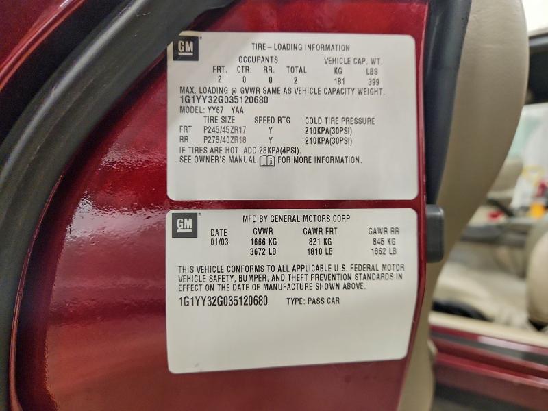 2003 Chevrolet Corvette მანქანა იყიდება აუქციონზე, vin: 1G1YY32G035120680, აუქციონის ნომერი: 95267885