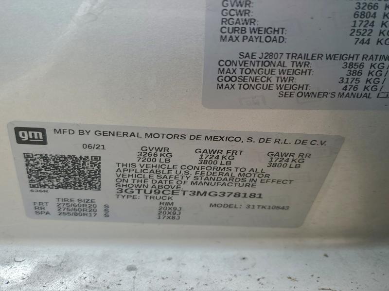 Продаж на аукціоні авто 2021 Gmc Sierra, vin: 3GTU9CET3MG378181, номер лоту: 81998655