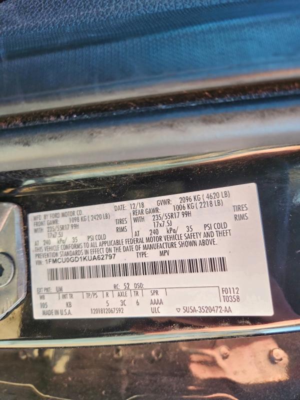 97655025 :رقم المزاد ، 1FMCU0GD1KUA62797 vin ، 2019 Ford Escape مزاد بيع