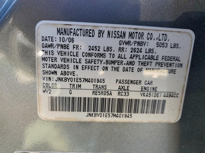 Aukcja sprzedaży 2007 Infiniti M45, vin: JNKBY01E57M401945, numer aukcji: 95808055