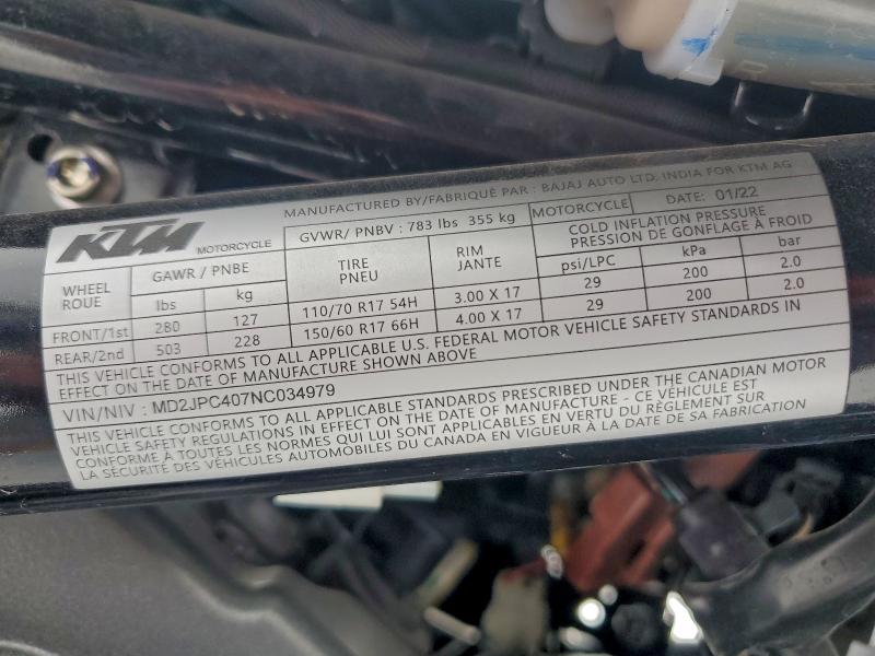 97709195 :رقم المزاد ، MD2JPC407NC034979 vin ، 2022 Ktm 200 مزاد بيع