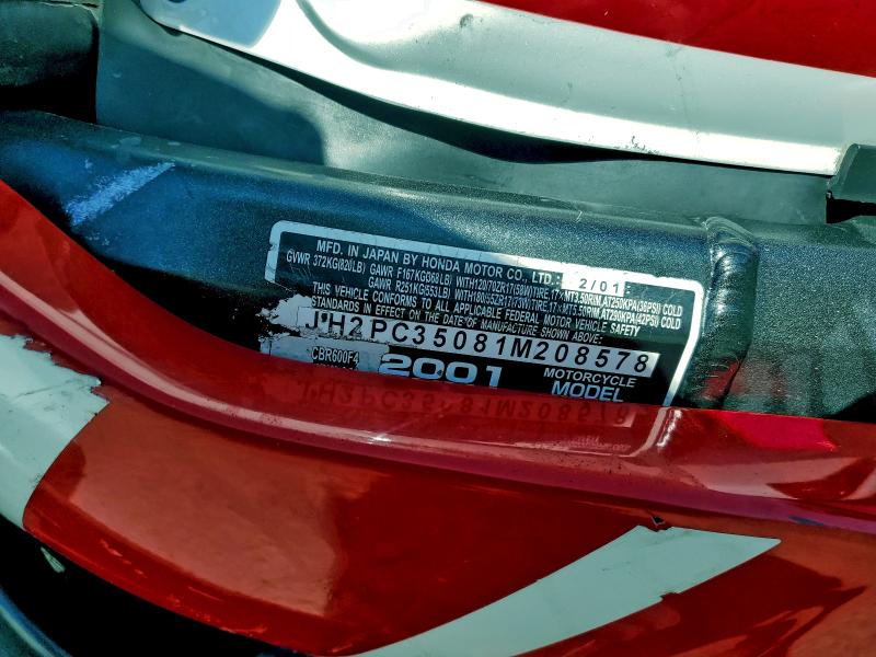 95779165 :رقم المزاد ، JH2PC35081M208578 vin ، 2001 Honda Cbr600 مزاد بيع