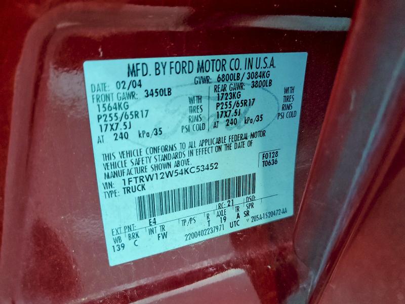 95693135 :رقم المزاد ، 1FTRW12W54KC53452 vin ، 2004 Ford F150 مزاد بيع