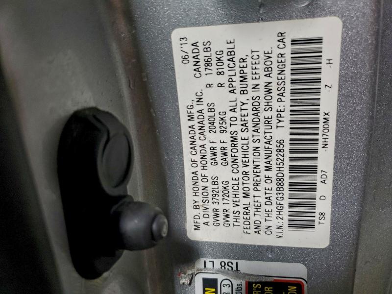 2013 Honda Civic Ex მანქანა იყიდება აუქციონზე, vin: 2HGFG3B88DH522856, აუქციონის ნომერი: 98780325