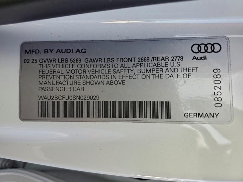 Aukcja sprzedaży 2025 Audi A5 Quattro, vin: WAU2BCFU0SN029029, numer aukcji: 96980745