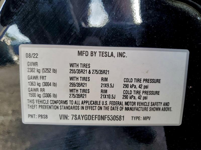 97204915 :رقم المزاد ، 7SAYGDEF0NF530581 vin ، 2022 Tesla Model Y مزاد بيع