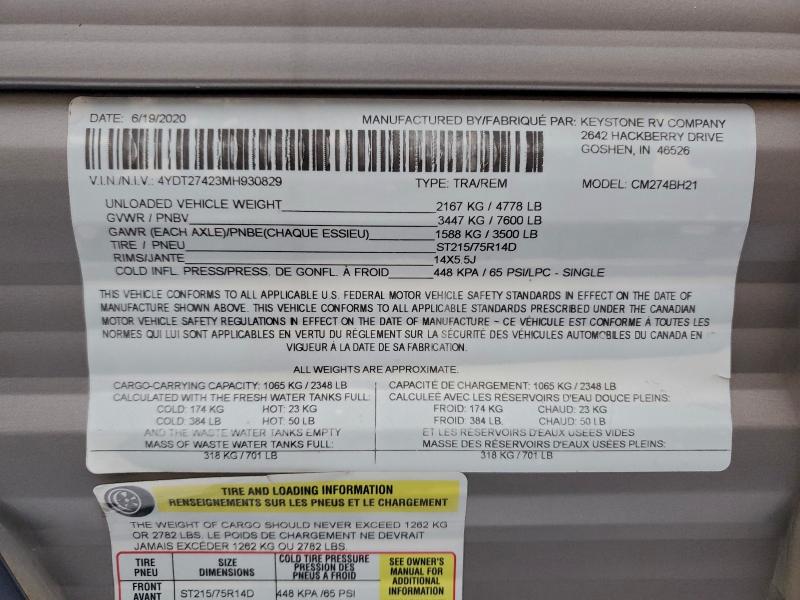 Продаж на аукціоні авто 2021 Keystone Coleman, vin: 4YDT27423MH930829, номер лоту: 94294765