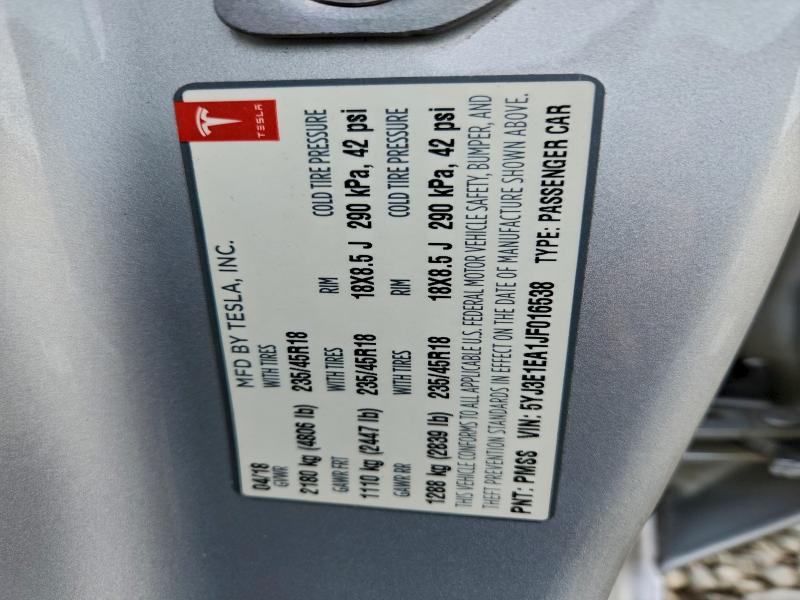 2018 Tesla Model 3 მანქანა იყიდება აუქციონზე, vin: 5YJ3E1EA1JF016538, აუქციონის ნომერი: 98726635