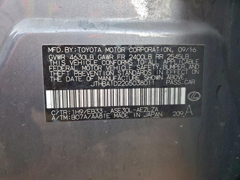 95737455 :رقم المزاد ، JTHBA1D22G5038011 vin ، 2016 Lexus Is 200t مزاد بيع