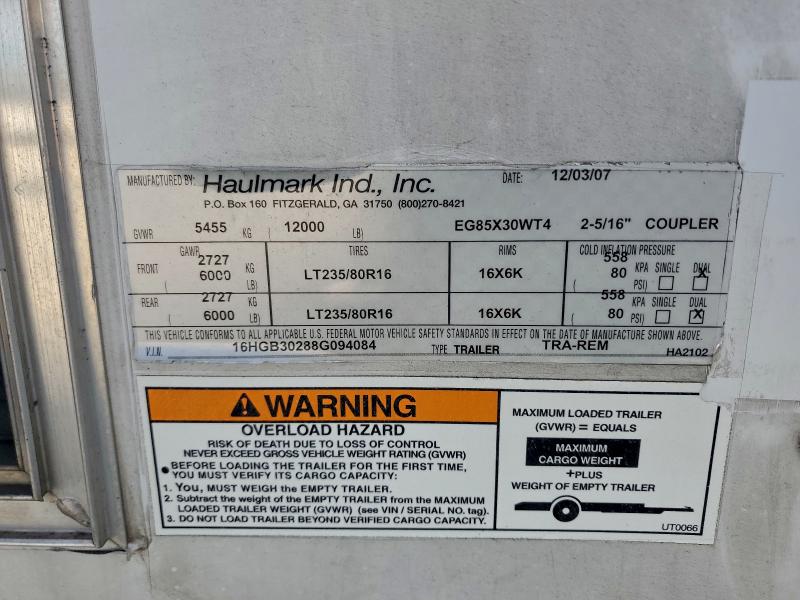 96319625 :رقم المزاد ، 16HGB30288G094084 vin ، 2008 Haulmark Haulmark Trailer مزاد بيع