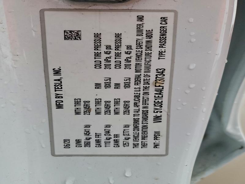 97567235 :رقم المزاد ، 5YJ3E1EA4LF737343 vin ، 2020 Tesla Model 3 مزاد بيع