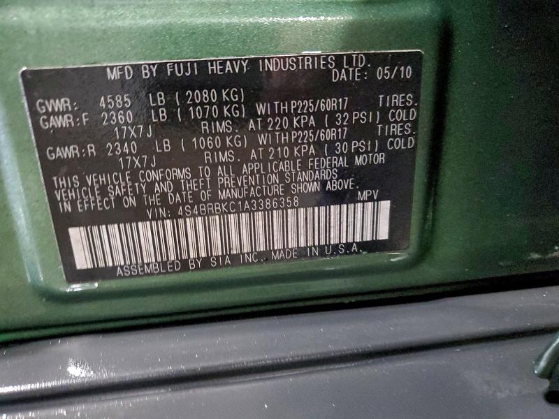 2010 Subaru Outback მანქანა იყიდება აუქციონზე, vin: 4S4BRBKC1A3386358, აუქციონის ნომერი: 95313255