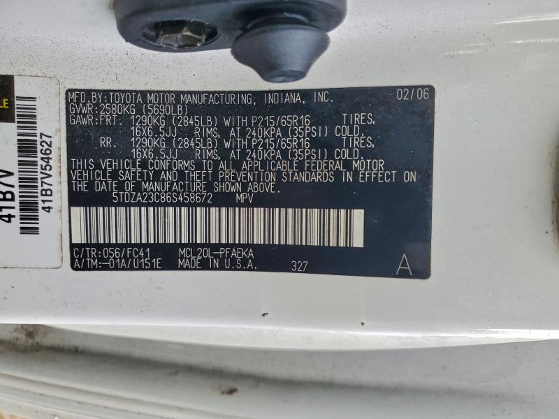 2006 Toyota Sienna მანქანა იყიდება აუქციონზე, vin: 5TDZA23C86S458672, აუქციონის ნომერი: 95536845