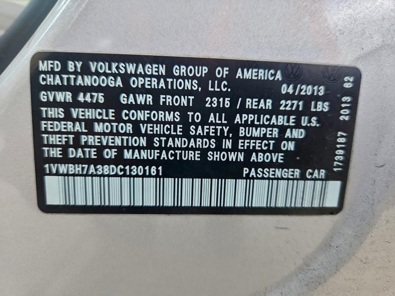 95415465 :رقم المزاد ، 1VWBH7A38DC130161 vin ، 2013 Volkswagen Passat مزاد بيع