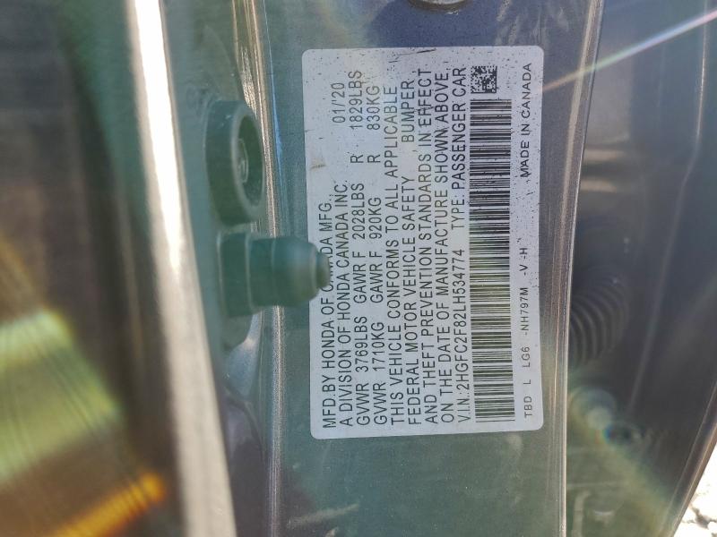 94816475 :رقم المزاد ، 2HGFC2F82LH534774 vin ، 2020 Honda Civic مزاد بيع