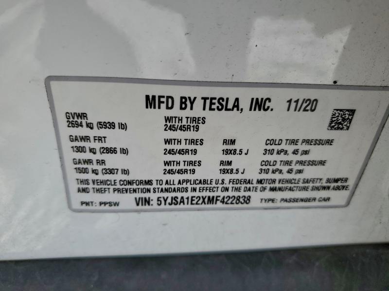 Продажа на аукционе авто 2021 Tesla Model S, vin: 5YJSA1E2XMF422838, номер лота: 96114865