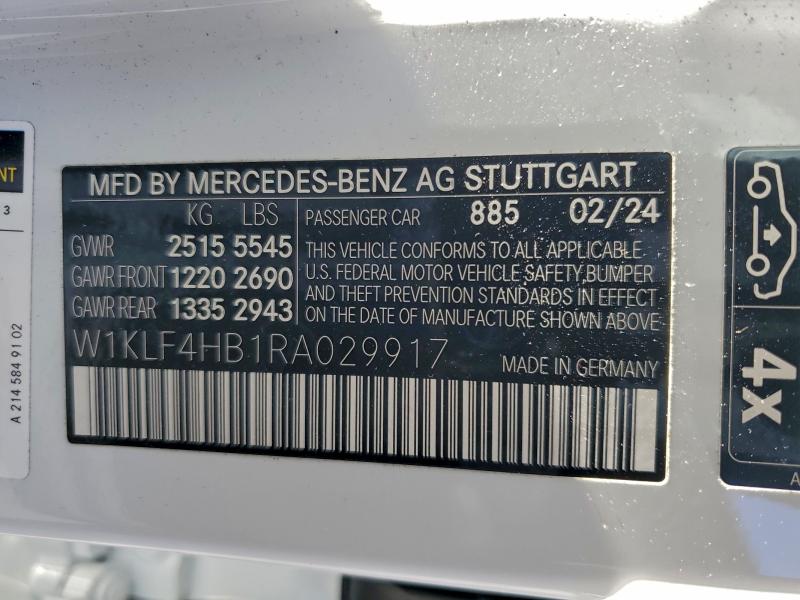 Aukcja sprzedaży 2024 Mercedes-benz E, vin: W1KLF4HB1RA029917, numer aukcji: 95547855