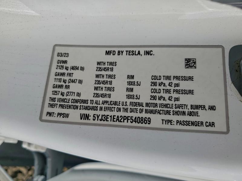 95977605 :رقم المزاد ، 5YJ3E1EA2PF540869 vin ، 2023 Tesla Model 3 مزاد بيع