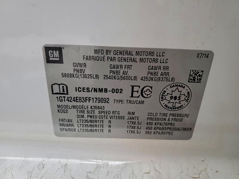 95760175 :رقم المزاد ، 1GT424E83FF179092 vin ، 2015 Gmc Sierra مزاد بيع