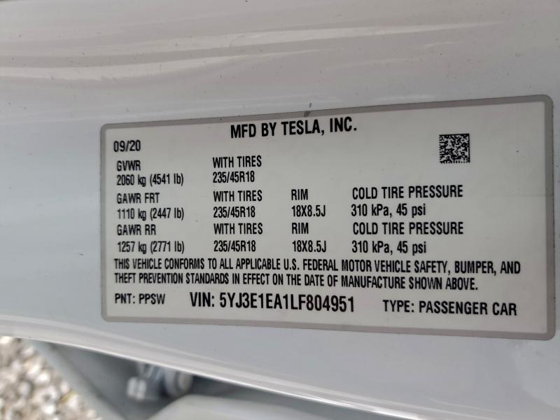 Продажа на аукционе авто 2020 Tesla Model 3, vin: 5YJ3E1EA1LF804951, номер лота: 96372425
