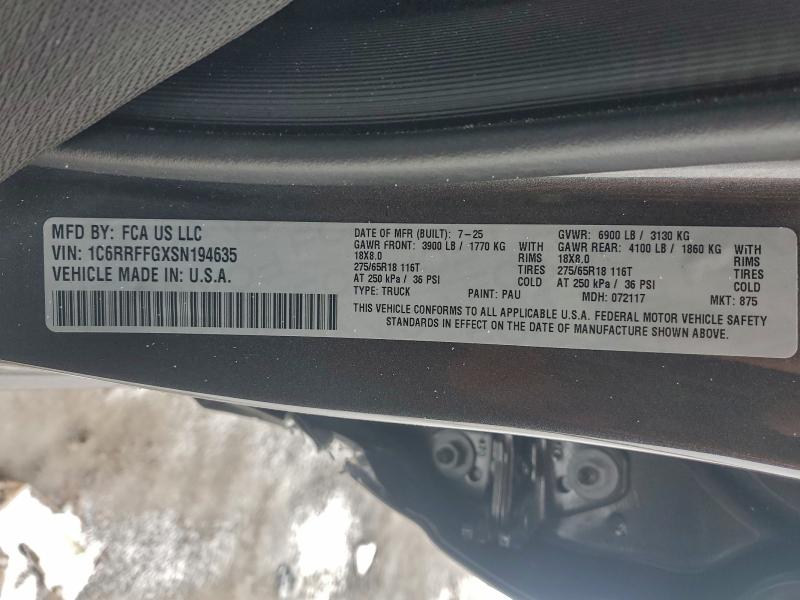 Продаж на аукціоні авто 2025 Ram 1500, vin: 1C6RRFFGXSN194635, номер лоту: 96045055