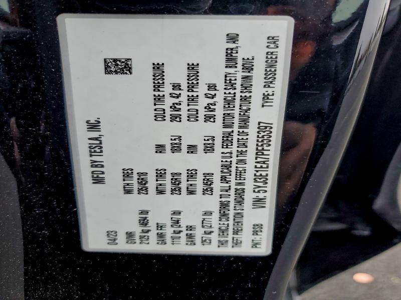 Aukcja sprzedaży 2023 Tesla Model 3, vin: 5YJ3E1EA7PF555397, numer aukcji: 95975885