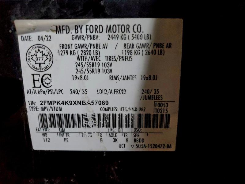 92886105 :رقم المزاد ، 2FMPK4K9XNBA57089 vin ، 2022 Ford Edge مزاد بيع