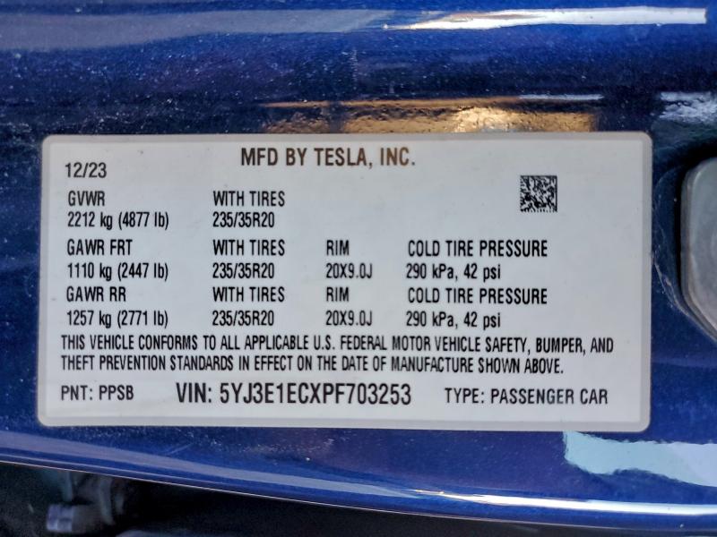 Aukcja sprzedaży 2023 Tesla Model 3, vin: 5YJ3E1ECXPF703253, numer aukcji: 96231325