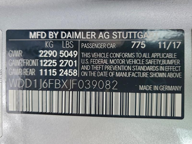 96294695 :رقم المزاد ، WDD1J6FBXJF039082 vin ، 2018 Mercedes-benz E مزاد بيع
