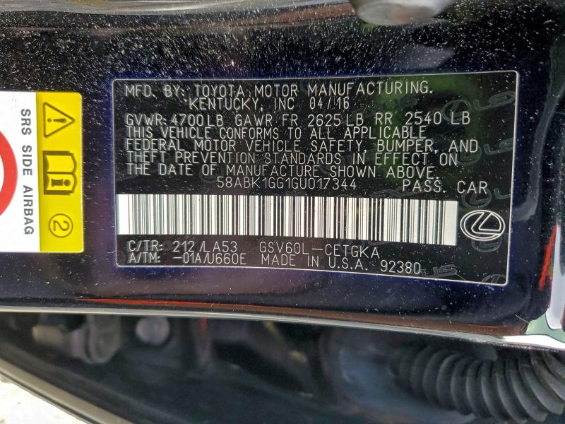 Aukcja sprzedaży 2016 Lexus Es, vin: 58ABK1GG1GU017344, numer aukcji: 92981015