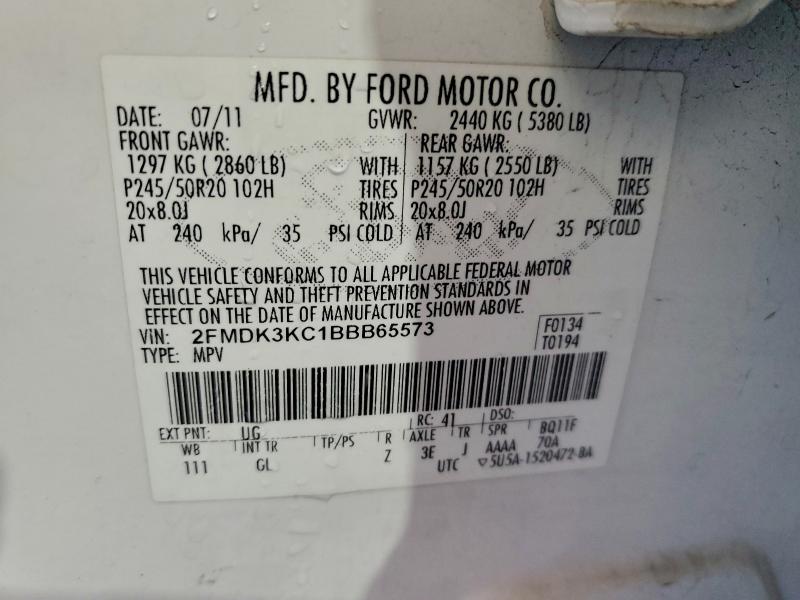 95462755 :رقم المزاد ، 2FMDK3KC1BBB65573 vin ، 2011 Ford Edge مزاد بيع