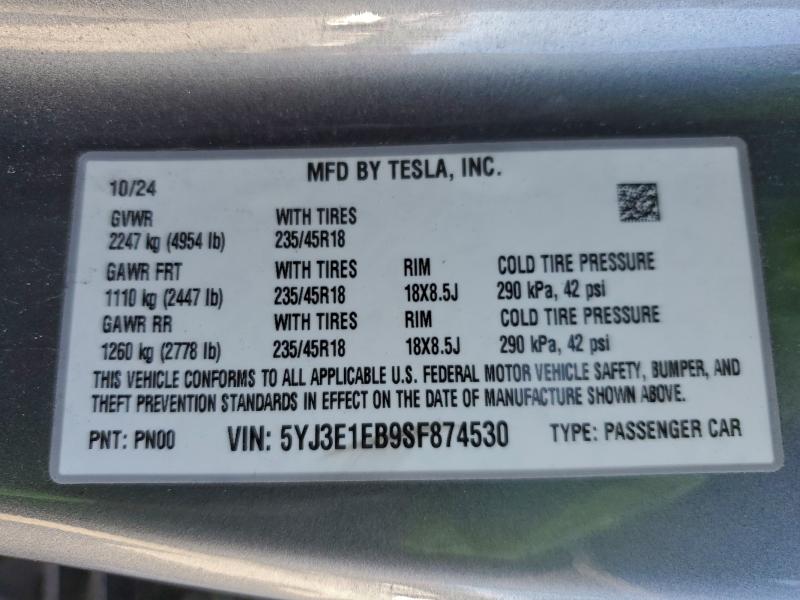 Продаж на аукціоні авто 2025 Tesla Model 3, vin: 5YJ3E1EB9SF874530, номер лоту: 94481305