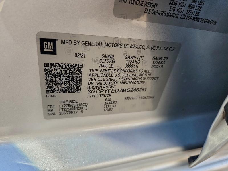 Aukcja sprzedaży 2021 Chevrolet Silverado, vin: 3GCPYFED7MG246261, numer aukcji: 96084835