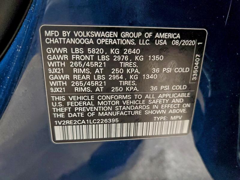 2020 Volkswagen Atlas Cros მანქანა იყიდება აუქციონზე, vin: 1V2RE2CA1LC226395, აუქციონის ნომერი: 94347115