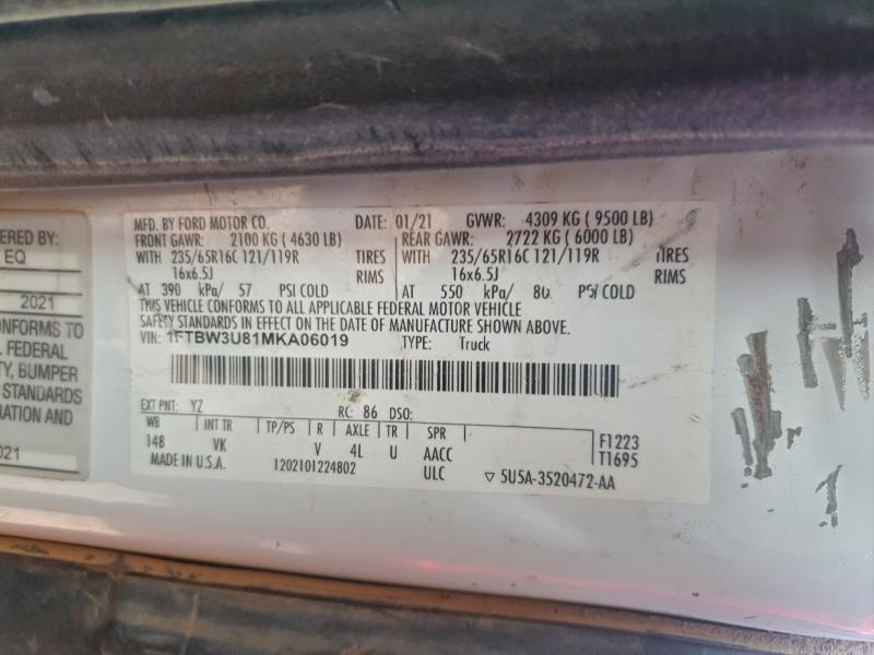 95237125 :رقم المزاد ، 1FTBW3U81MKA06019 vin ، 2021 Ford Transit مزاد بيع