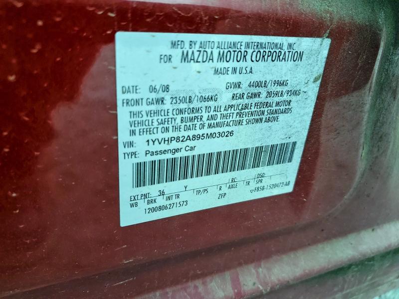2009 Mazda 6 მანქანა იყიდება აუქციონზე, vin: 1YVHP82A895M03026, აუქციონის ნომერი: 97100735